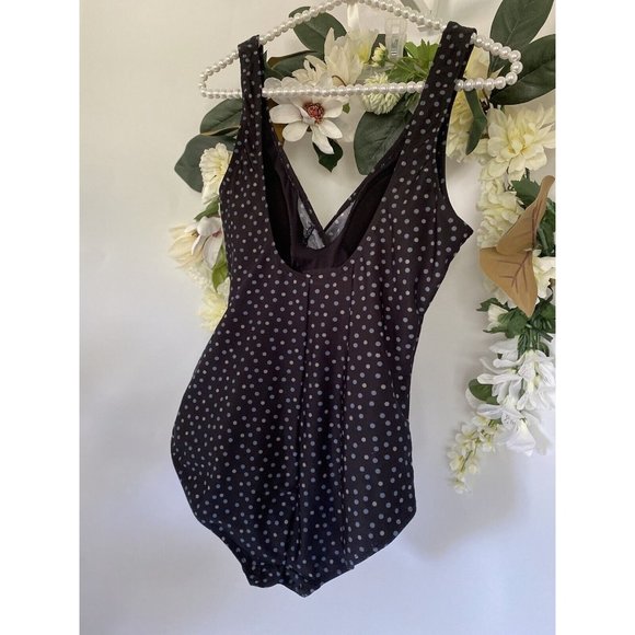 Snozu Vtg Black Polka Dot Stretch Nylon Slimming Ruched One Piece Swimsuit Sz 10 - Picture 4 of 12